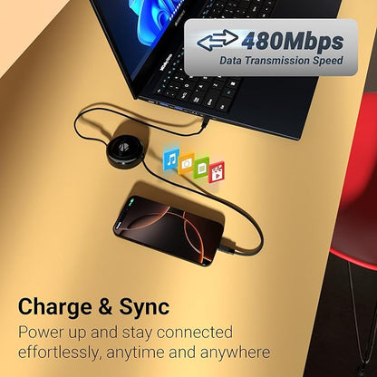 Zebronics retractable Type-C cable charge and sync 480 Mbps data transmission speed smartphone connected to laptop
