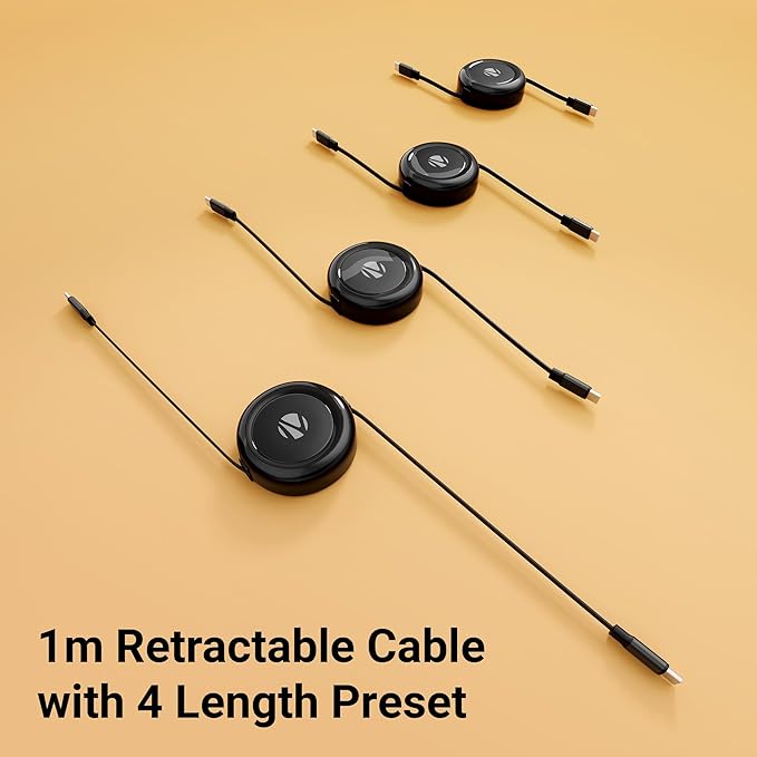 Zebronics 1 metre retractable Type-C to Type-C cable with 4 length preset adjustable settings shown in four sizes