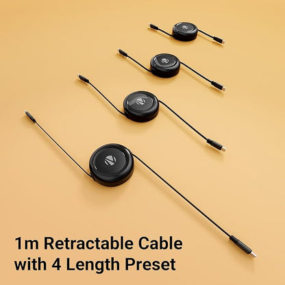 Zebronics 1 metre retractable Type-C to Type-C cable with 4 length preset adjustable settings shown in four sizes