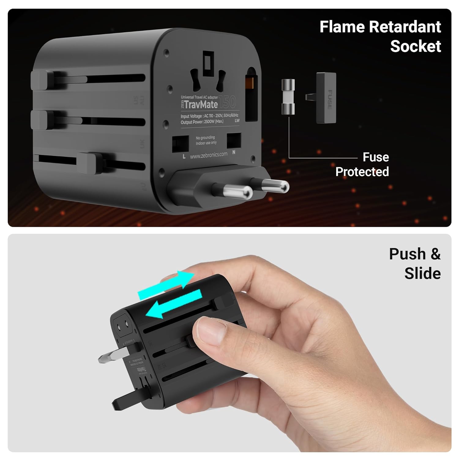 Zebronics TravMate 150 flame retardant fuse protected socket with push and slide plug mechanism