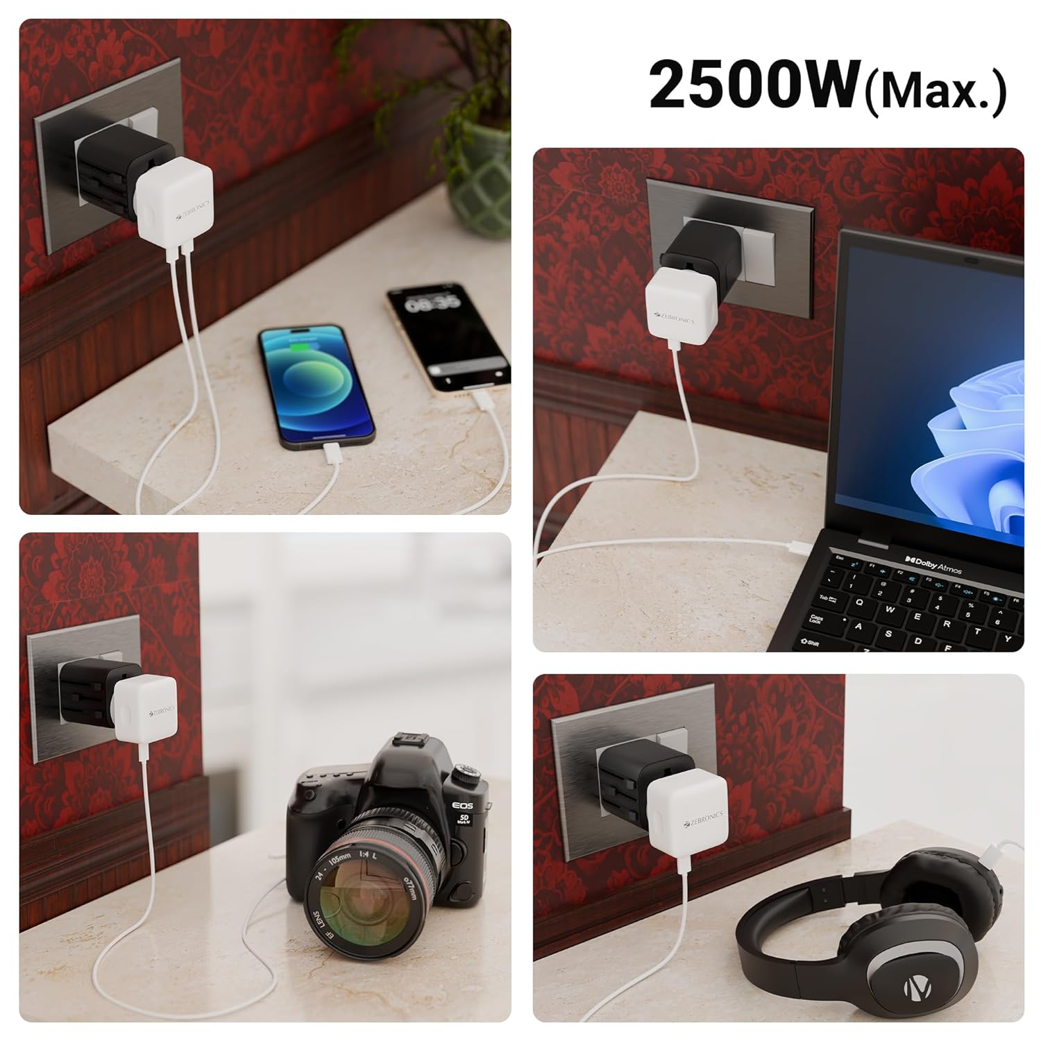 Zebronics TravMate 150 travel adapter charging phones laptop camera and headphones rated 2500W max