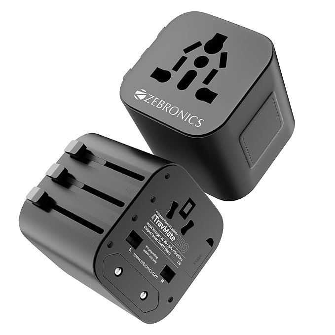 Zebronics TravMate 150 universal travel AC adapter front and back view on white background