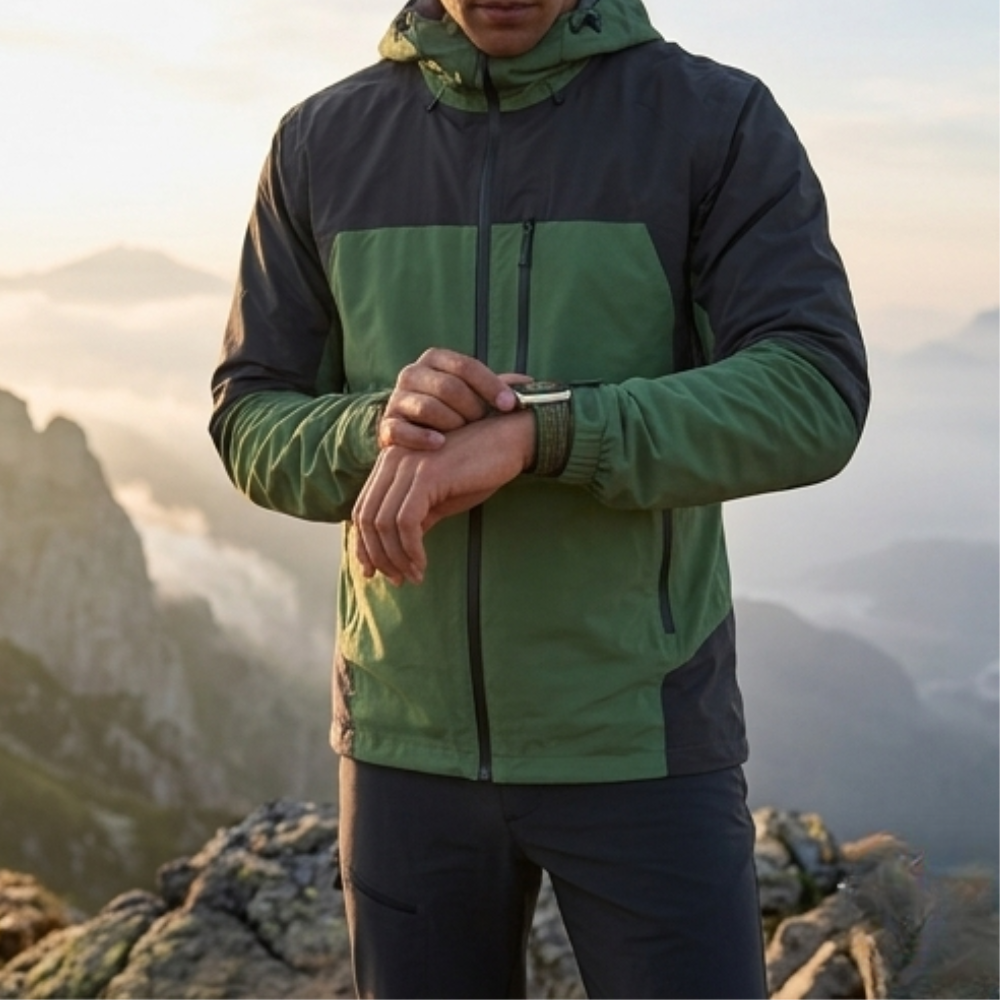 Person wearing a green outdoor jacket and Apple Watch with olive green sport loop band standing on a mountain summit
