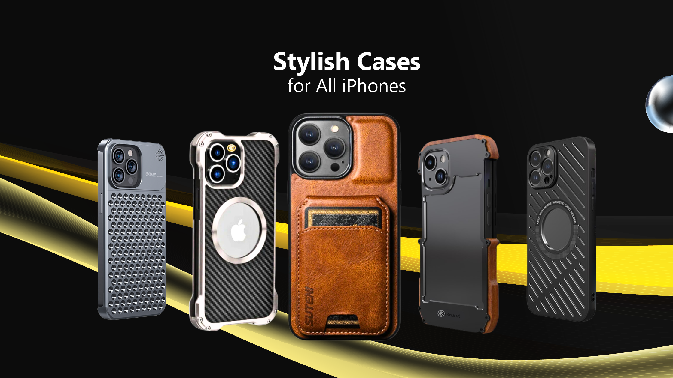 A collection of diverse iPhone cases showcasing iPhone Leather Cases, iPhone Metal Case, and Magsafe Case arranged aesthetically.