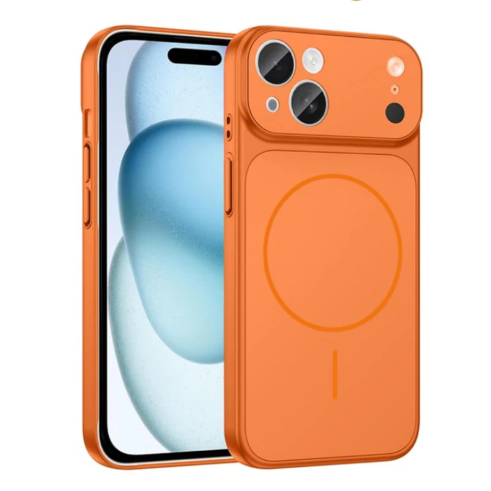 GRUNX Ronix MagSafe compatible orange protective phone cover on iPhone 15 Pro shown on clean minimal Indian desk setup
