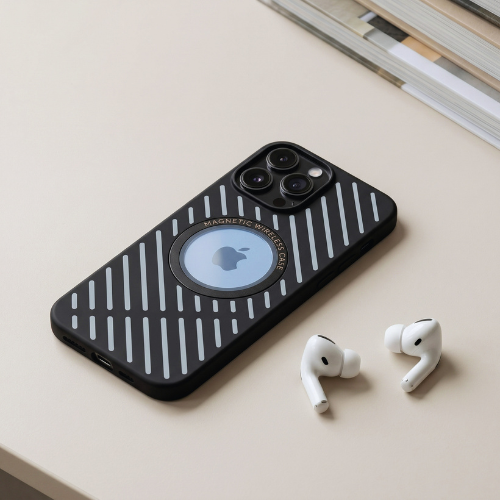 GrunX Metal iPhone Case Black – MagSafe Magnetic Wireless Charging Compatible, Diagonal Stripe Texture Design, Lifestyle Flat Lay with AirPods Pro
