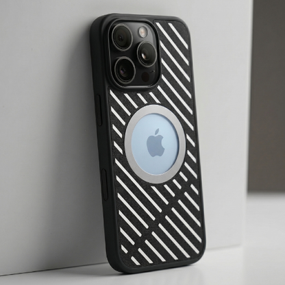 GrunX Metal iPhone Pro Case – Black Diagonal Stripe Texture with MagSafe Magnetic Ring, Premium Slim Metal Back Cover, Minimal Studio Product Shot