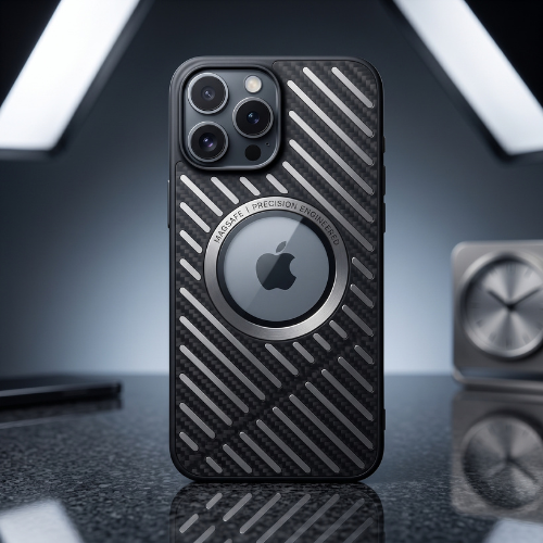 GrunX Metal iPhone Pro Case Black – Carbon Fiber Diagonal Stripe Pattern with MagSafe Ring, Precision Engineered Premium Metal Cover, Dark Studio Shot