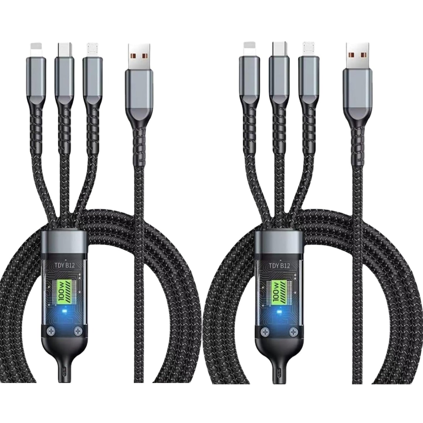 Trono 3-in-1 LED Display Charging Cable | Cotton Braided | Type-C + Lightning + Micro USB