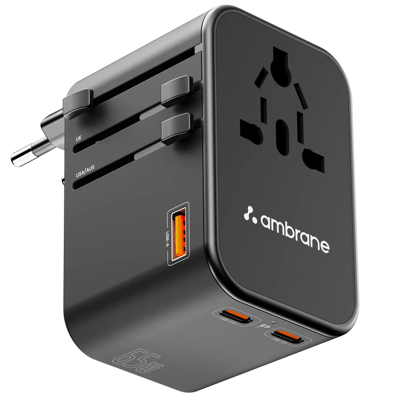 Ambrane 65W USB-C PD Travel Adapter | 1840W Universal Plug | 150+ Countries
