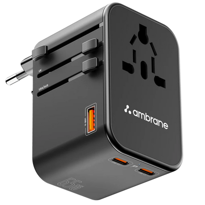 Ambrane 65W USB-C PD Travel Adapter | 1840W Universal Plug | 150+ Countries
