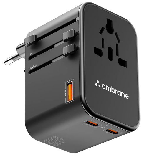 Ambrane 65W USB-C PD Travel Adapter | 1840W Universal Plug | 150+ Countries