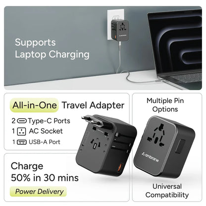 Ambrane 65W USB-C PD Travel Adapter | 1840W Universal Plug | 150+ Countries