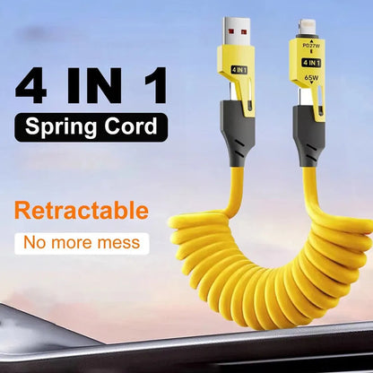 (4-in-1, Type C, PD 65W, Fast Charging, Spring Cable, iPhone 16/15, USB A, Lightning, Data Transfer) PD 65W Fast Charging USB to Type-C Cable with Lightning/Micro/USB-A Adapters, 480Mbps Data Transfer, Multi Adjustable Charger for iPhone 16/15 & Android 