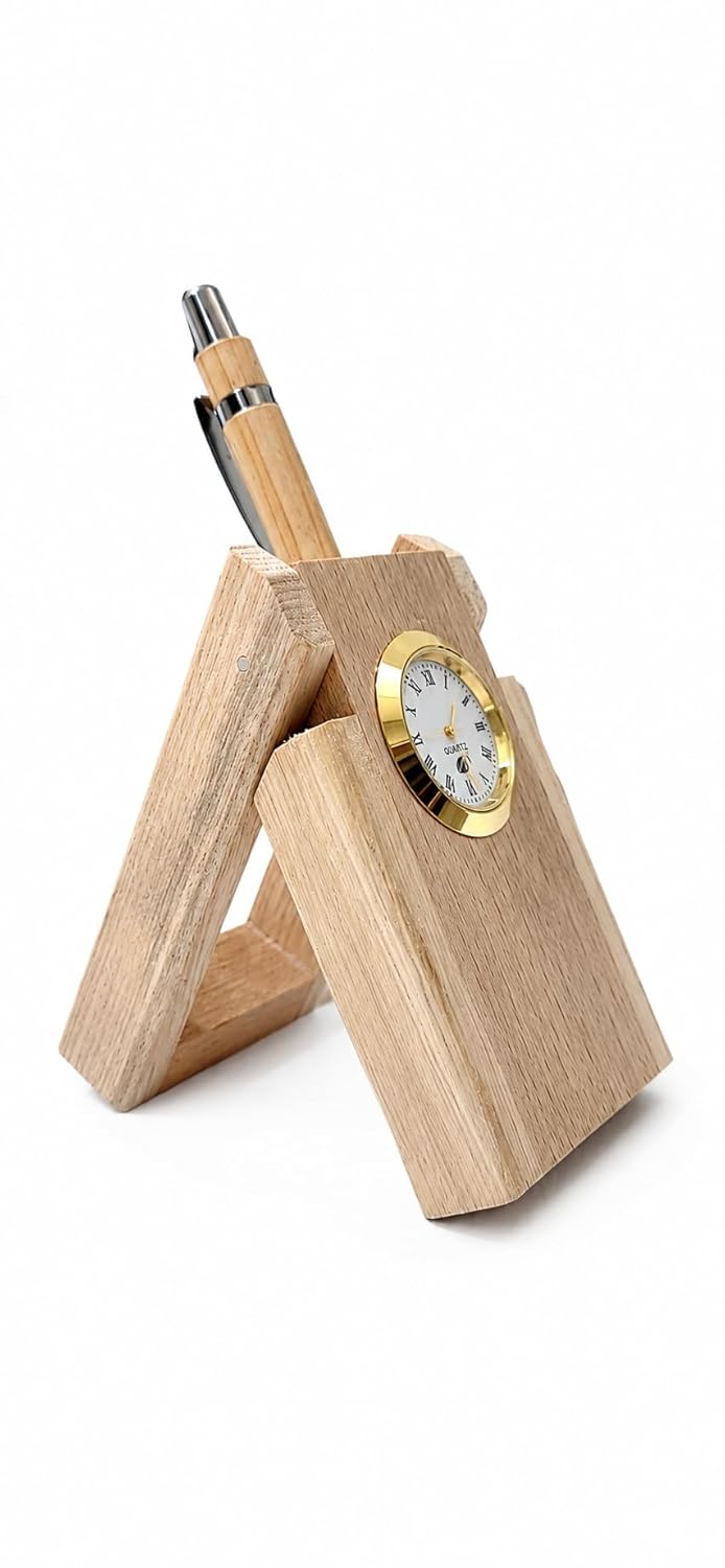 Wooden triangular pen holder with built-in quartz clock on white background