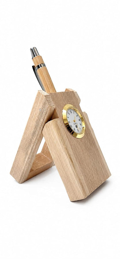 Wooden triangular pen holder with built-in quartz clock on white background